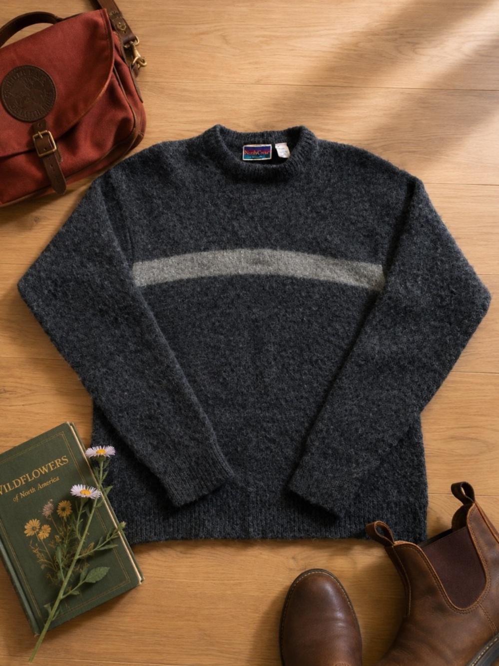 Northcrest Womens L 90s Wool Sweater Gray Stripe Normcore Preppy Minimalist